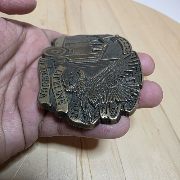 Vintage Solid Brass "The Life Line Of America" Truckers Belt Buckle Flying Eagle - Picture 4 of 10